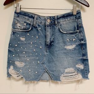Zara distressed denim skirt with pearls